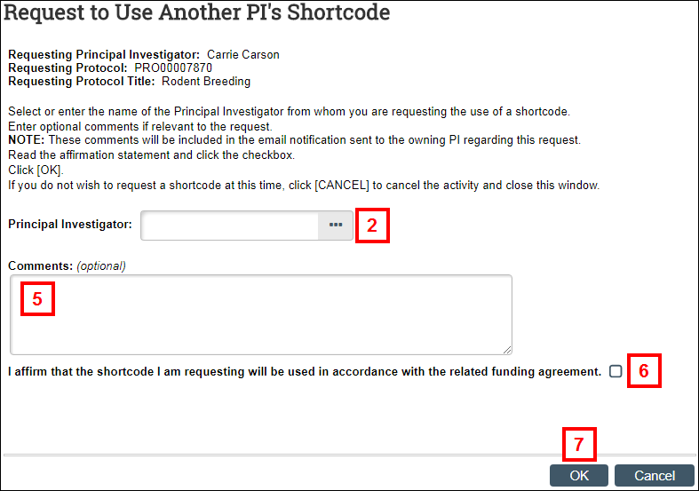 Request to Use Another PIs Shortcode window in eRAM steps 2-7