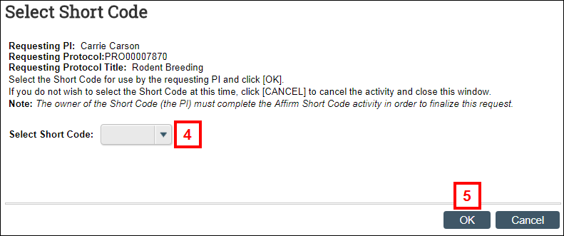 Select Short Code window in eRAM steps 4-5
