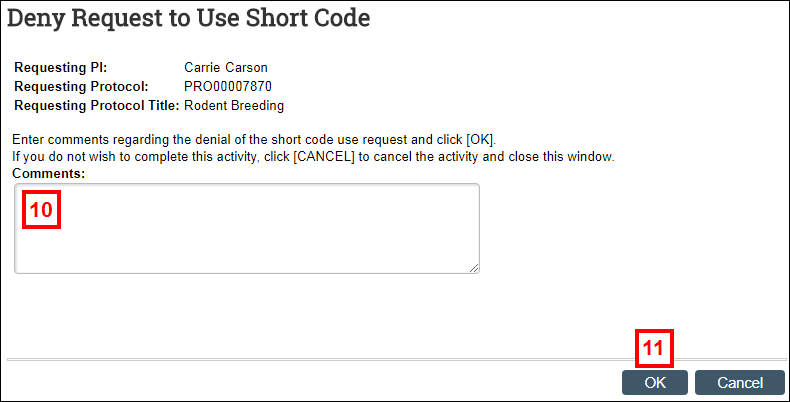 Deny Request to Use Short Code window in eRAM steps 10-11