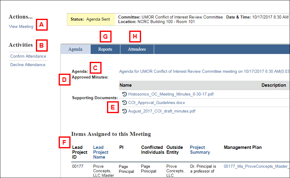 screenshot of Meeting Workspace showing fields A - H