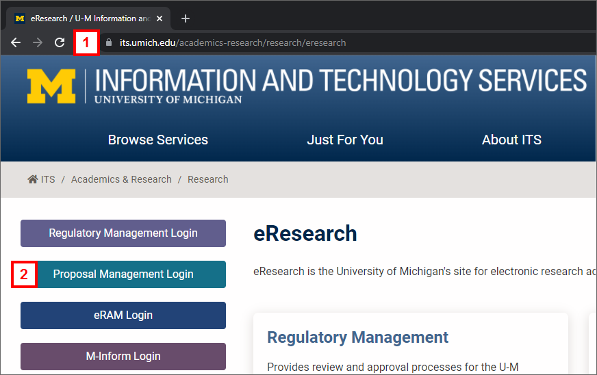 screenshot of eResearch website showing eResearch website steps 1-2