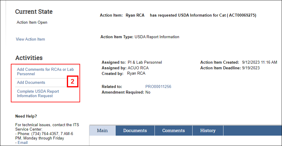 USDA Report Information Action Item workspace