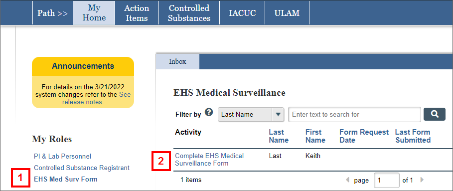EHS Medical Surveillance Form screenshot in eRAM
