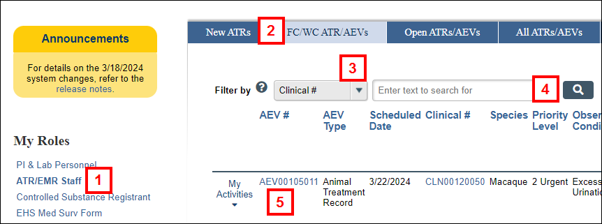 ATR/EMR Staff role, FC/WC ATRs/AEVs tab in eRAM, steps 1-5.