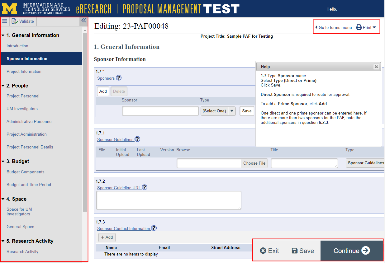 screenshot of PAF Worksheet highlighting the Forms Menu and page navigation
