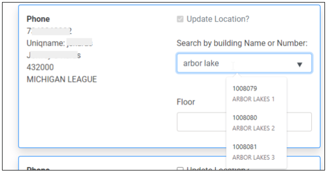 Location Verification App-Deskset drop down list for building location displayed.