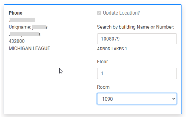 Location Verification App-Deskset showing building, floor and room entered.