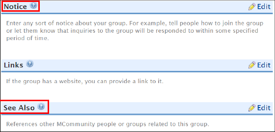 Visual of Notice and See Also fields on an MCommunity Group page