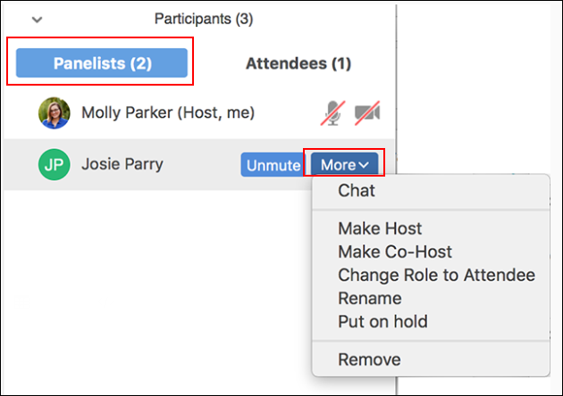 Picture of the More menu in the Panelist tab of Participants