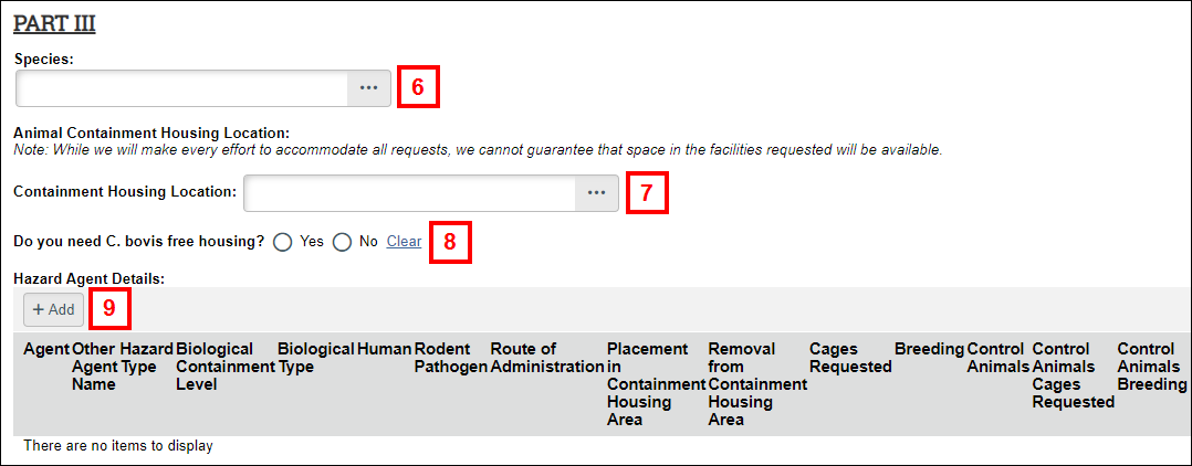 screenshot of Containment Housing Request form Part III showing steps 6-9