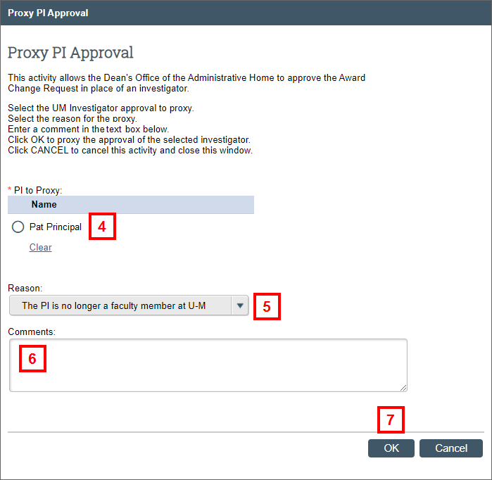 Proxy PI Approval Reviewer screenshot in eRPM, steps 4-7