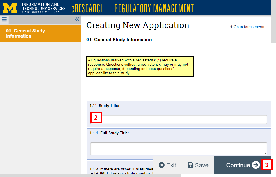 Creating New Application 01.General Study Information page in eRRM