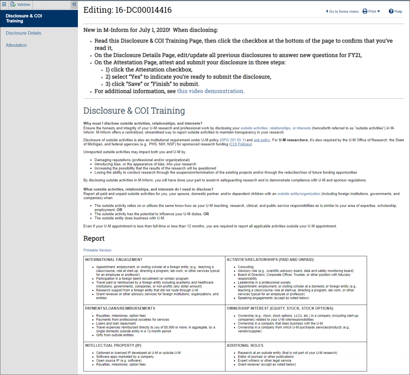 M-Inform Disclosure & COI Training page top