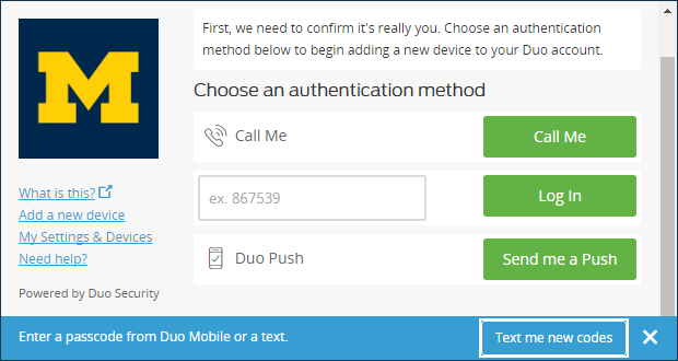 Choose an authentication method page - enter a passcode