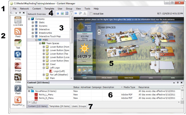 Content Manager main screen with numbers next to key elements