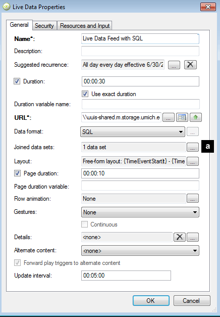 The Live Data Properties dialog