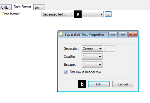 The Data Format tab of the Joined Data Sets window, and the Separated Text Properties dialog in front of it