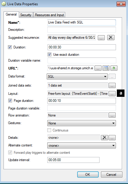 The Live Data Properties dialog