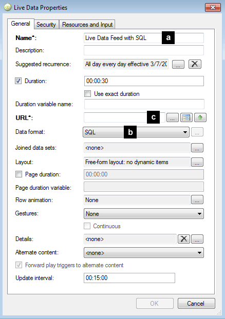 The Live Data Properties dialog