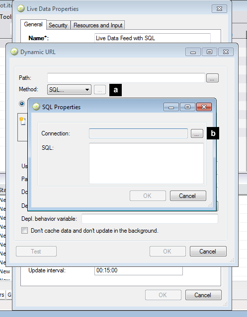 The Dynamic URL dialog with the SQL Properties dialog in front of it