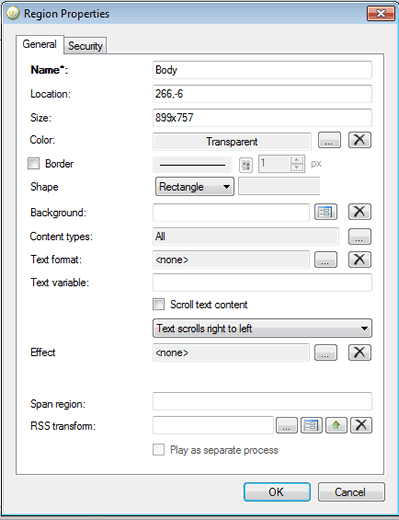 region properties window