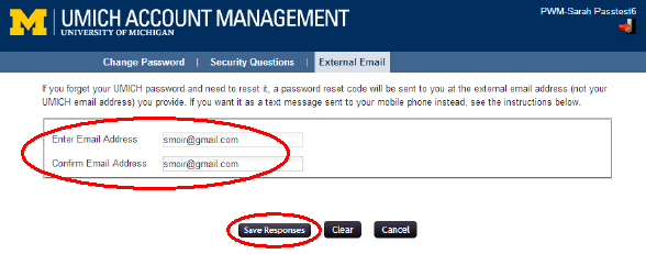 Screenshot of external email page with external email address entered and re-entered in the boxes and save responses is clickable