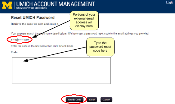 Screenshot of reset UMICH password page where part of your email address displays with portions replaced with asterisks and a box below where you type the password reset code.