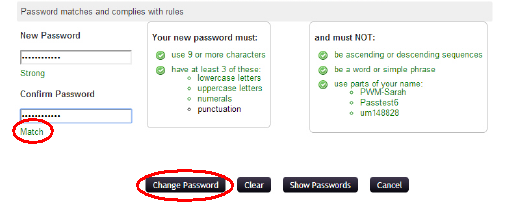 Screenshot showing the word Match that appears when your retyped password matches the new password you entered. The change password button then becomes clickable.