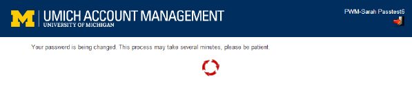 Screenshot of page that displays indicating that your password is being changed, with a rotating set of arrows to indicate progress.
