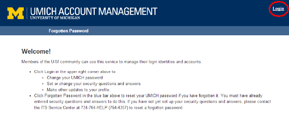 Screen shot showing the UMICH Account Management home page with login link in upper right