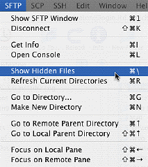 Selecting 'Show Hidden Files' from the 'SFTP' menu