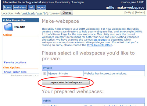 Selecting a webspace