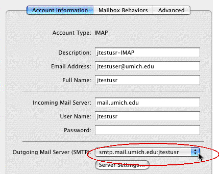 Screenshot of SMTP pop-up menu