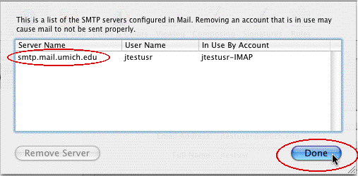 Screenshot of smtp.mail.umich as the only entry in the SMTP server list