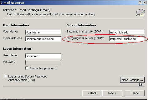 Screenshot of incoming and outgoing mail server settings