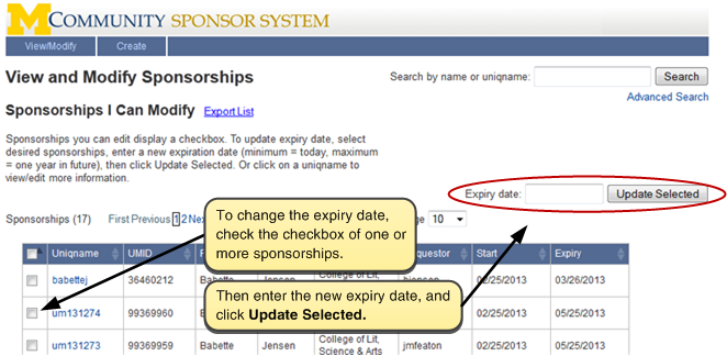 Screenshot of View and Modify Sponsorships. To change the expiry date, select the checkbox of one or more sponsorships. Then enter the new expiry date in the Expiry date box and click on the Update Selected button.