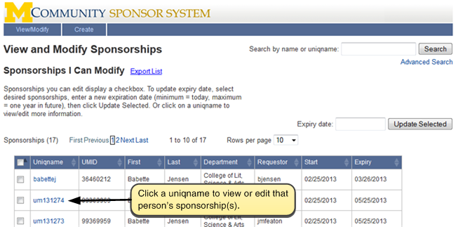 Screenshot of View and Modify Sponsorships. Click on a uniqname to edit the entry.