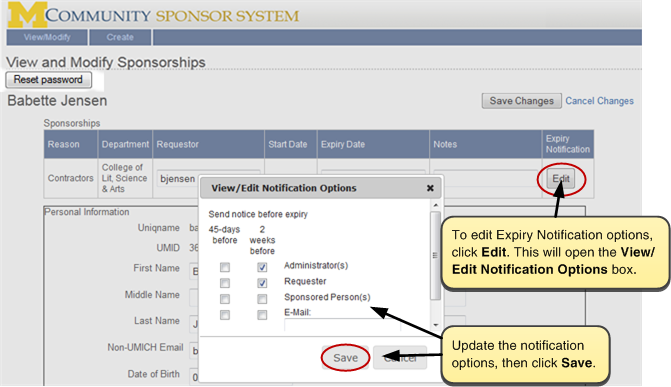 Screenshot of View and Modify Sponsorships. To edit Expiry Notification options, click Edit. Update the notification options, then click the Save button.