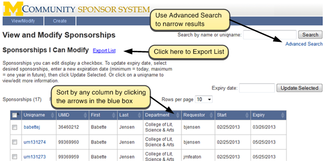 Screenshot of View and Modify Sponsorships. Sort by any column by clicking the arrows in the blue box. Click 'Export List' to export list.