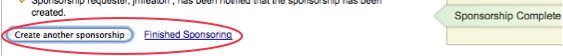 Screenshot of the Finished Sponsoring link and Create another sponsorship button.