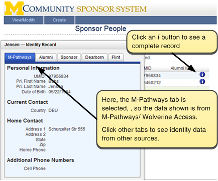 Screenshot of i button and the information it reveals. Click an i button to see a complete record. Here, the M-Pathways tab is selected, so the data shown is from M-Pathways/Wolverine Access. Click other tabs to see identity information from other sources.