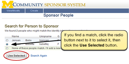 Screenshot of selecting a match. If you find a match, click the radio button next to it to select it, then click the Use Selected button.