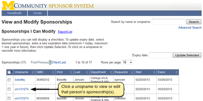 Screenshot of View and Modify Sponsorships. Click on a uniqname to view or edit an entry.