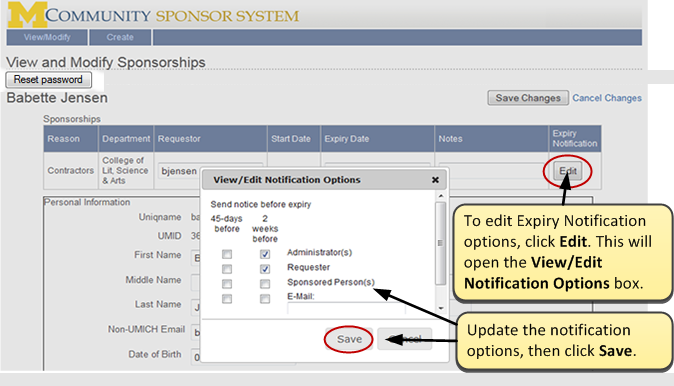 Screenshot of View and Modify Sponsorships.