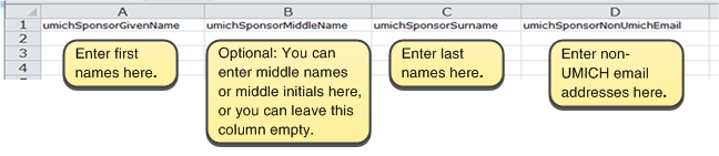 Screenshot of the opened Excel file. Enter first names in column A: umichSponsorGivenName. Entering middle names or middle initials is optional in column b: umichSponsorMiddleName. Enter last names in column C: umichSponsorSurname. Enter non-UMICH email addresses in column D: umichSponsorNonUmichEmail.