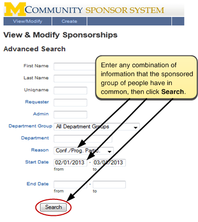 Screenshot of Advanced Search screen. Enter any combination of information that the sponsored group of people have in common (such as department, reason, start date or end date ranges). Then click 'Search.'