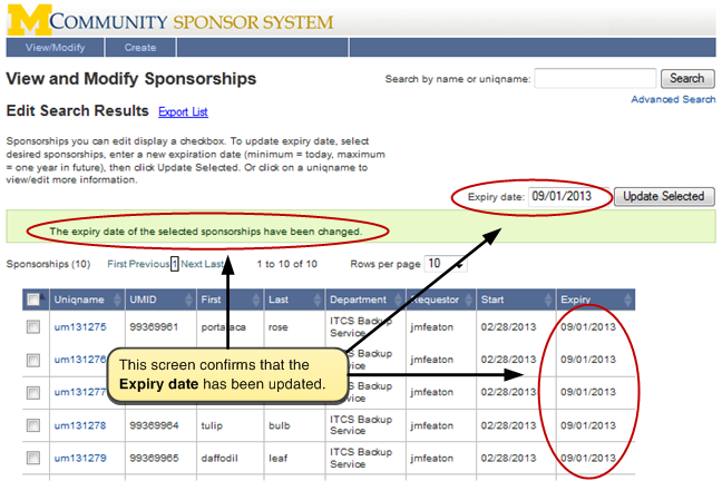 Screenshot of confirmation page showing the updated Expiry Date of sponsorships.