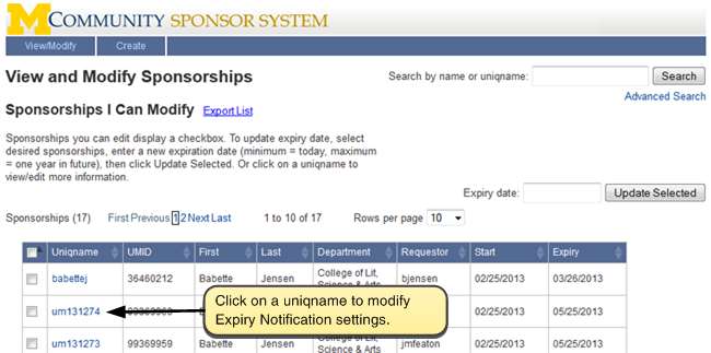 Screenshot of list of sponsorships.