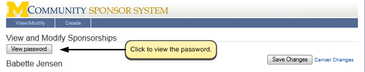 Screenshot of View and Modify Sponsorships. Click 'View password' to view the password.