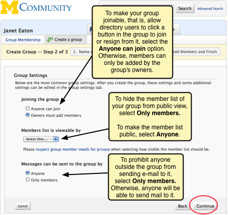 Screenshot of the three group settings: whether the group should be joinable, whether the members list is visible to the public, and whether only the members can send email to it.